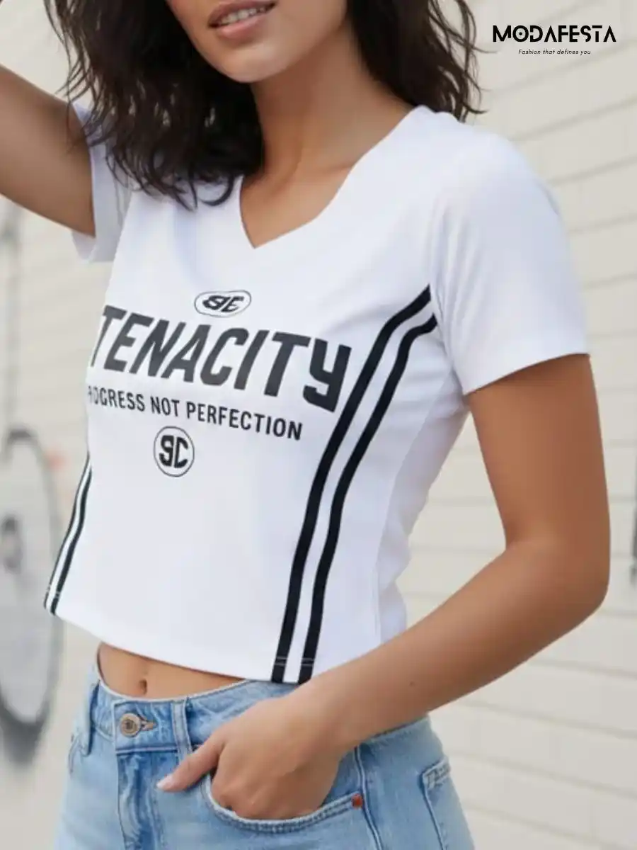 ModaFesta -elegant-v-neck-lettering-crop-t-shirt-white