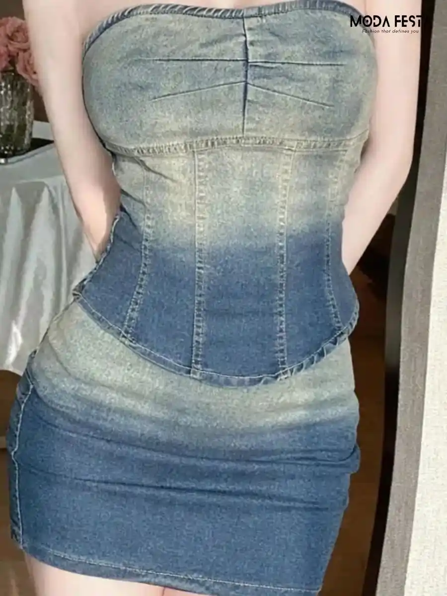 ModaFesta -two-piece-denim-short-set-blue-tube-top