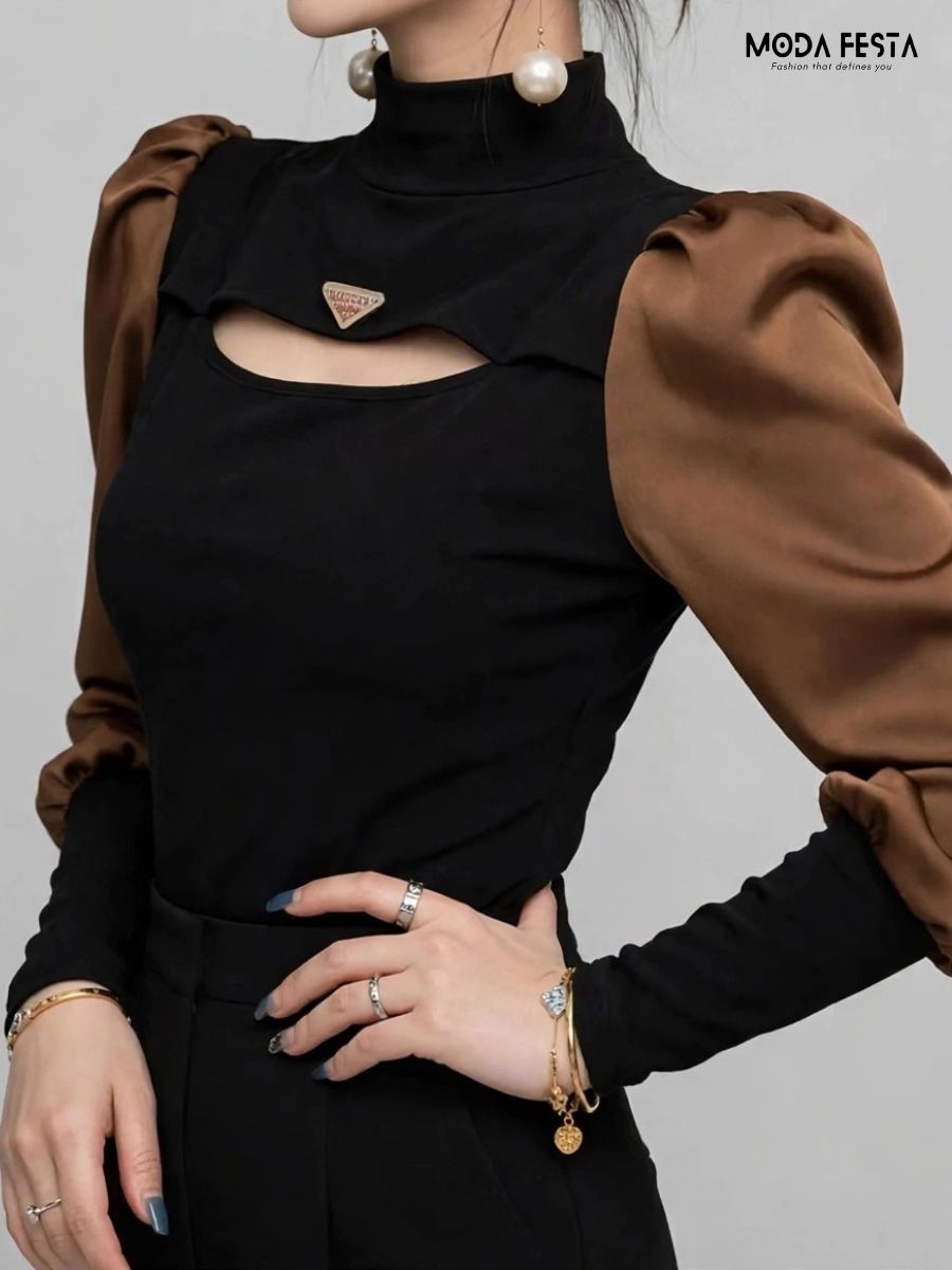 ModaFesta -black-brown-cut-out-mock-neck-top