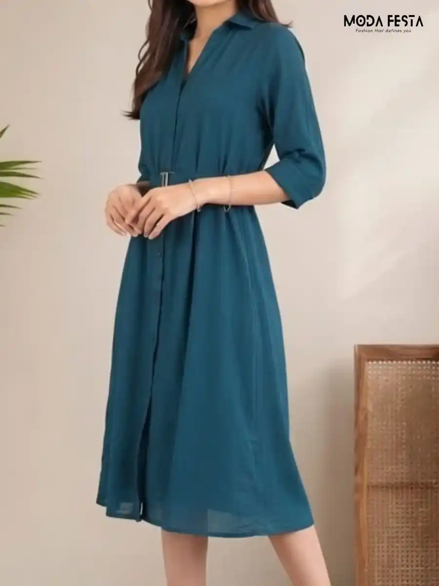 ModaFesta -teal-blue-solid-shirt-dress-with-belt