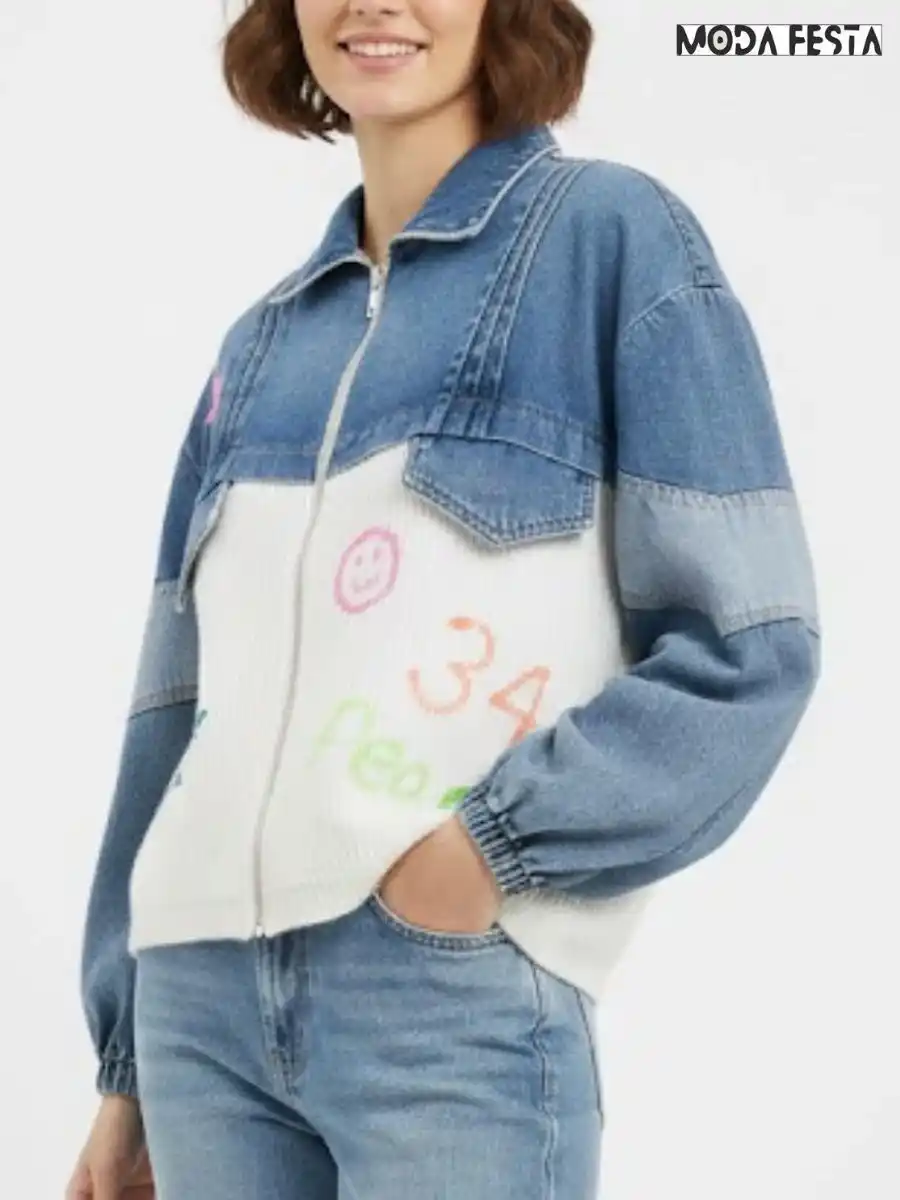 ModaFesta -denim-with-knit-zipper-jacket-white