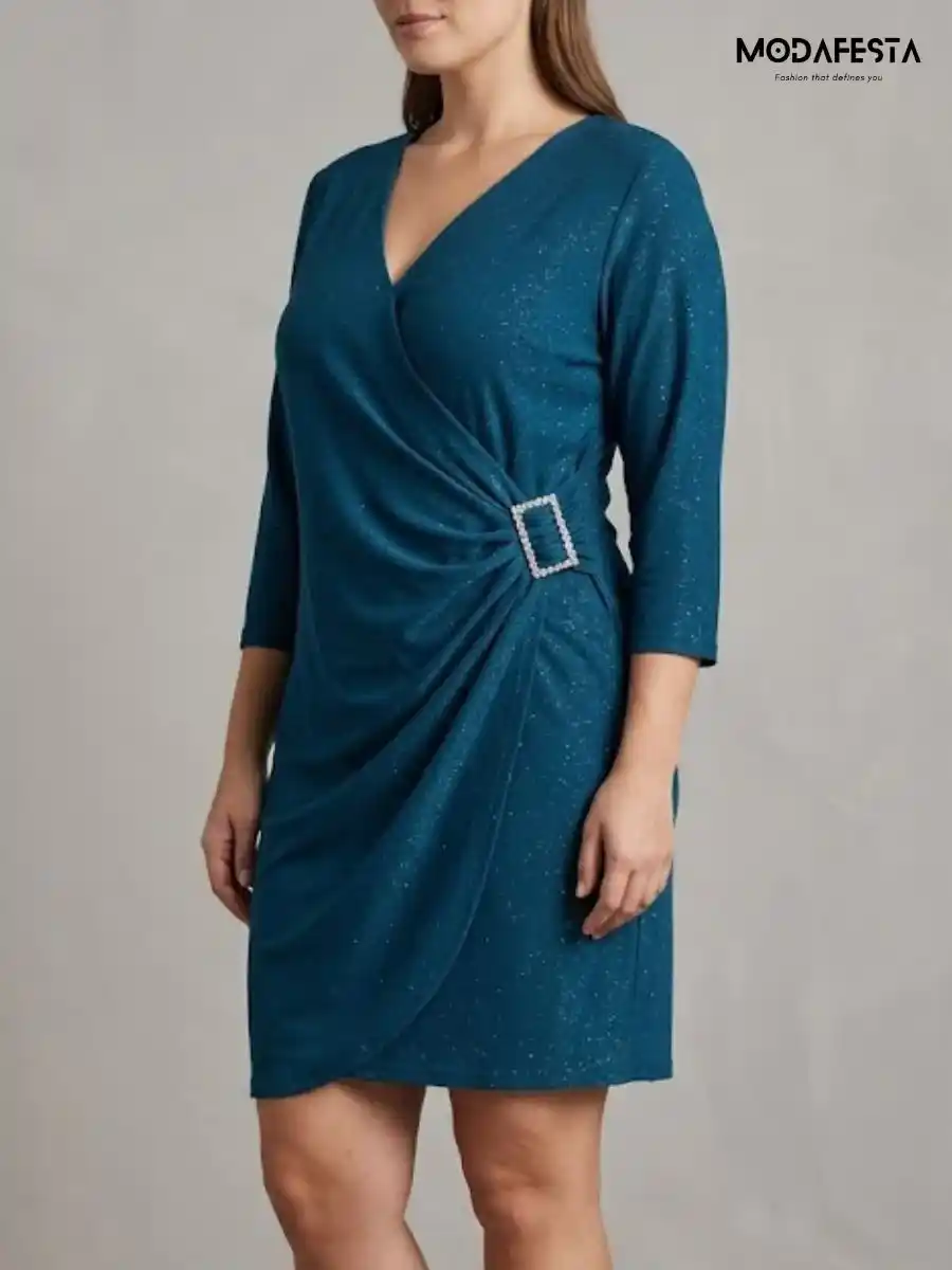 ModaFesta -elegant-v-neck-faux-wrap-party-dress-teal