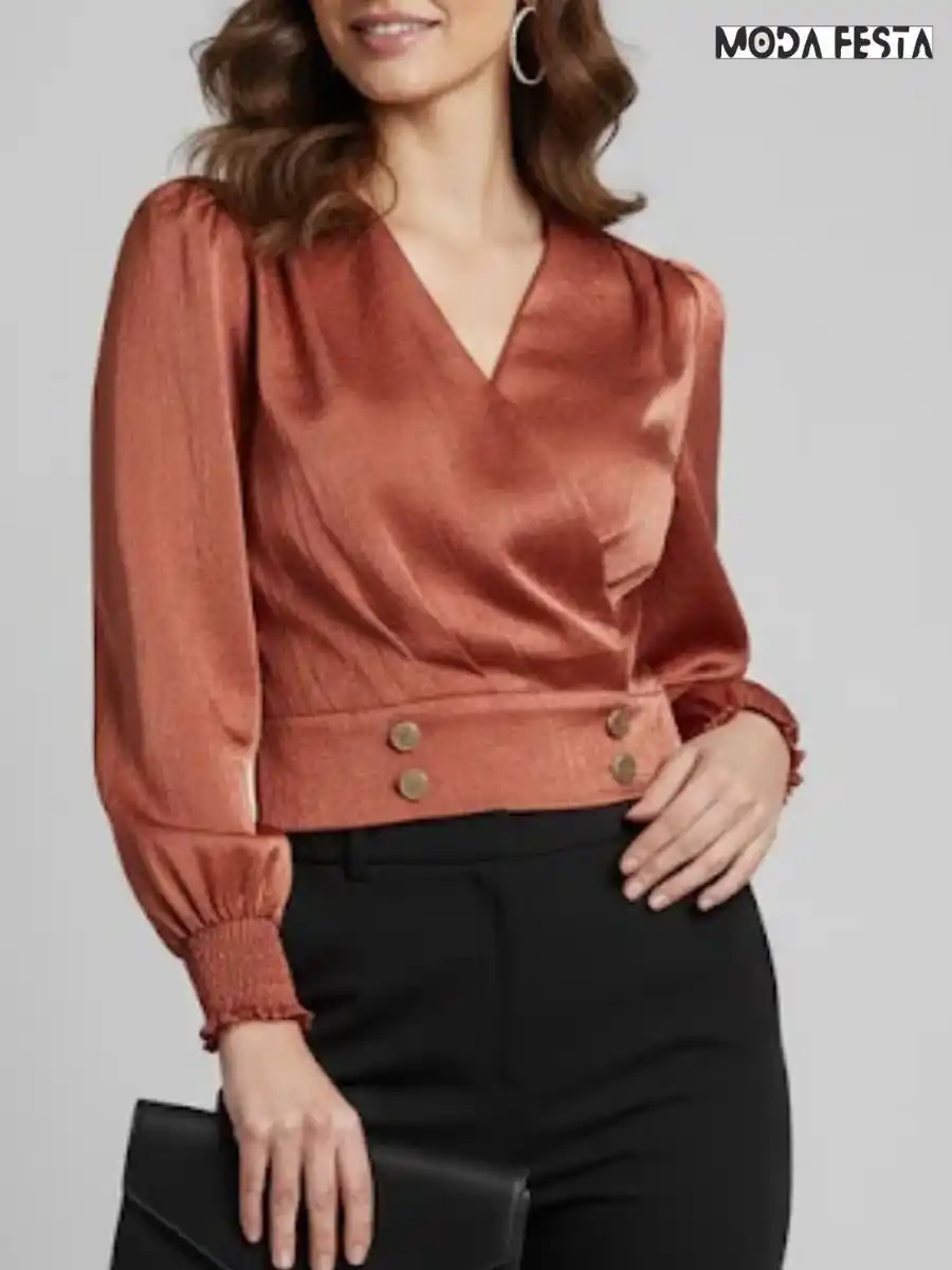 ModaFesta -elegant-v-neck-satin-top-rust