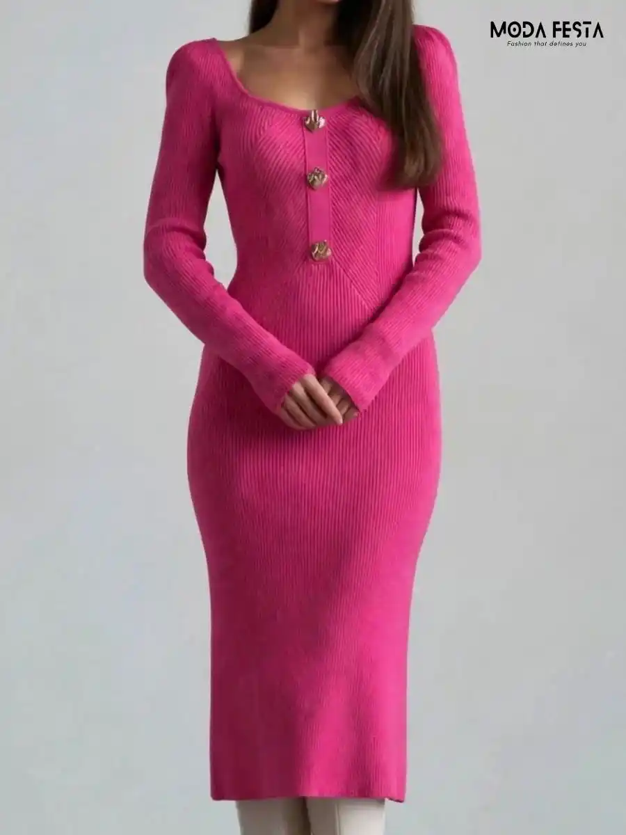 ModaFesta -elegant-sweetheart-neck-knitted-dress-pink