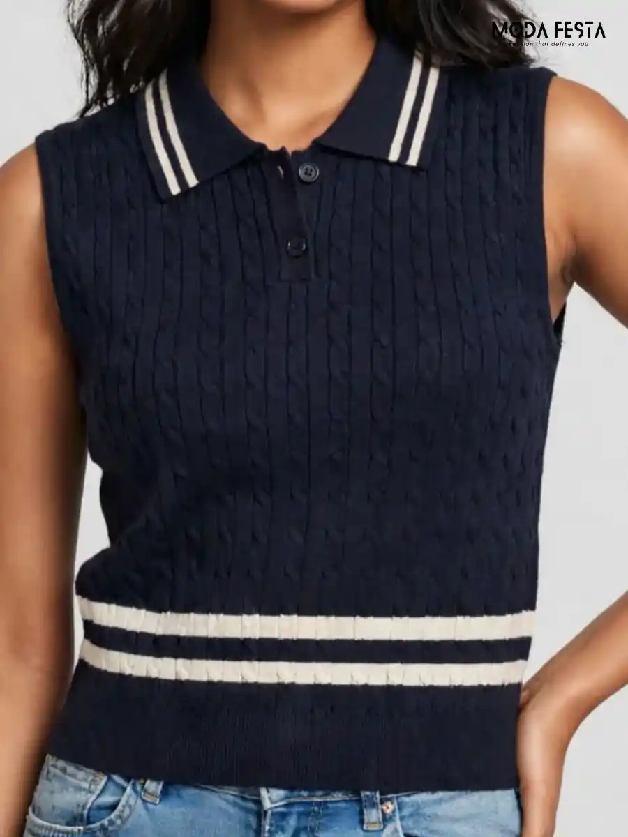 Navy Blue Striped Cable Knit Polo Top