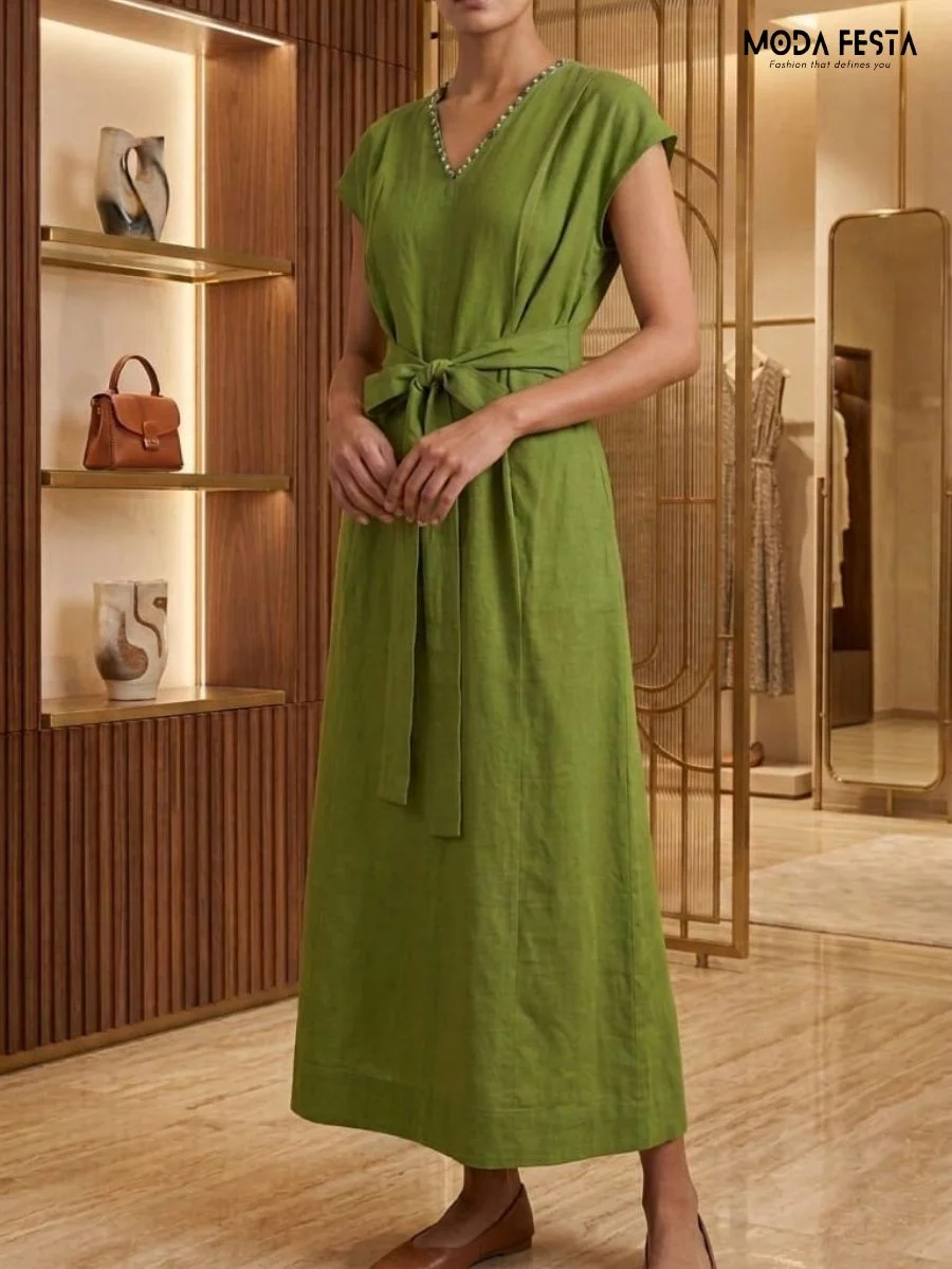 V neck big size cotton maxi dress