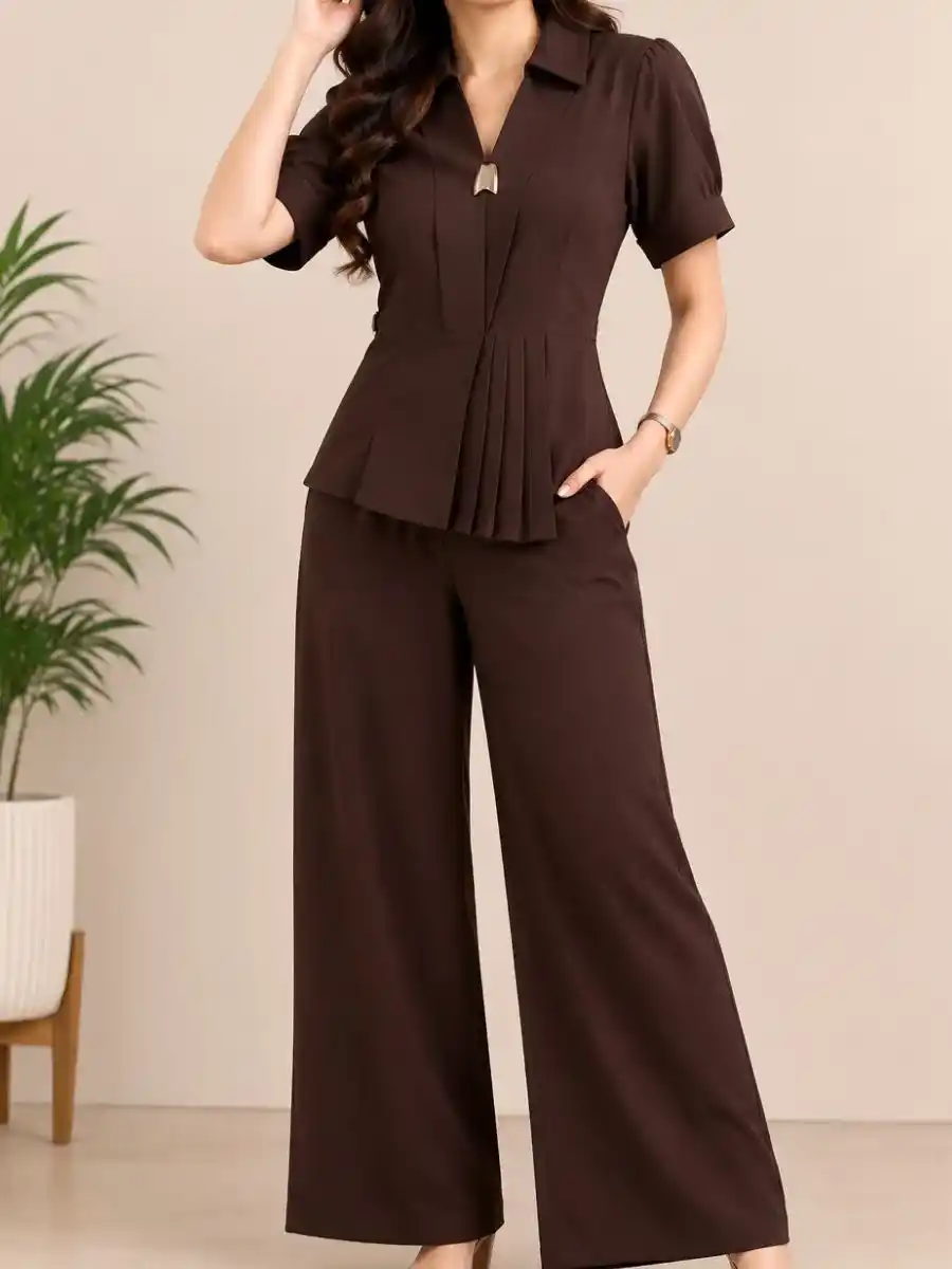 Elegant Solid Brown Pleated Peplum Co-Ord Set