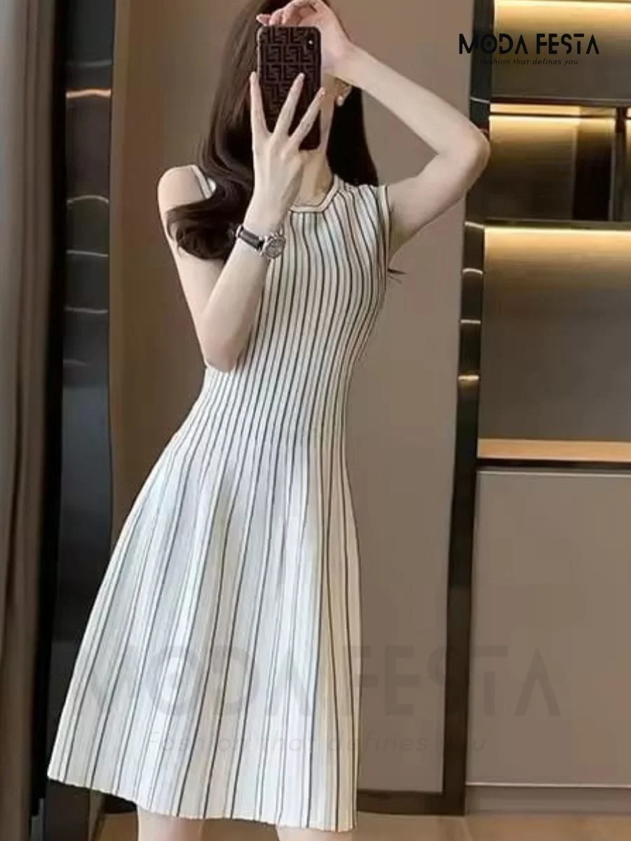 ModaFesta -striped-print-a-line-dress-white