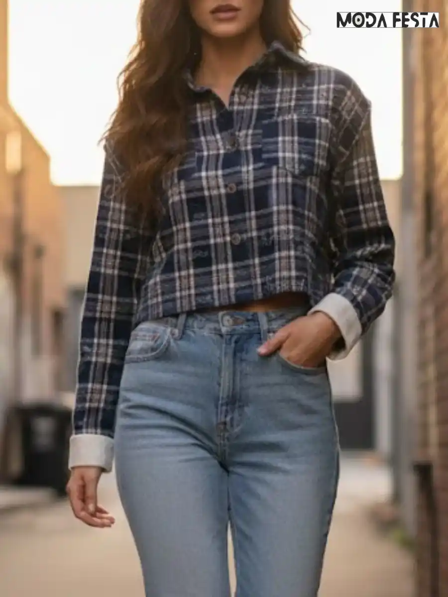 ModaFesta -elegant-drawstring-crop-check-shirt-fnavy--blue