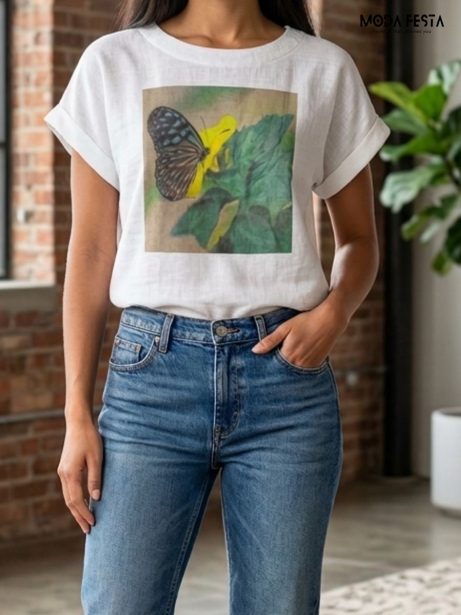 Butterfly Graphic Cotton-Linen T-Shirt