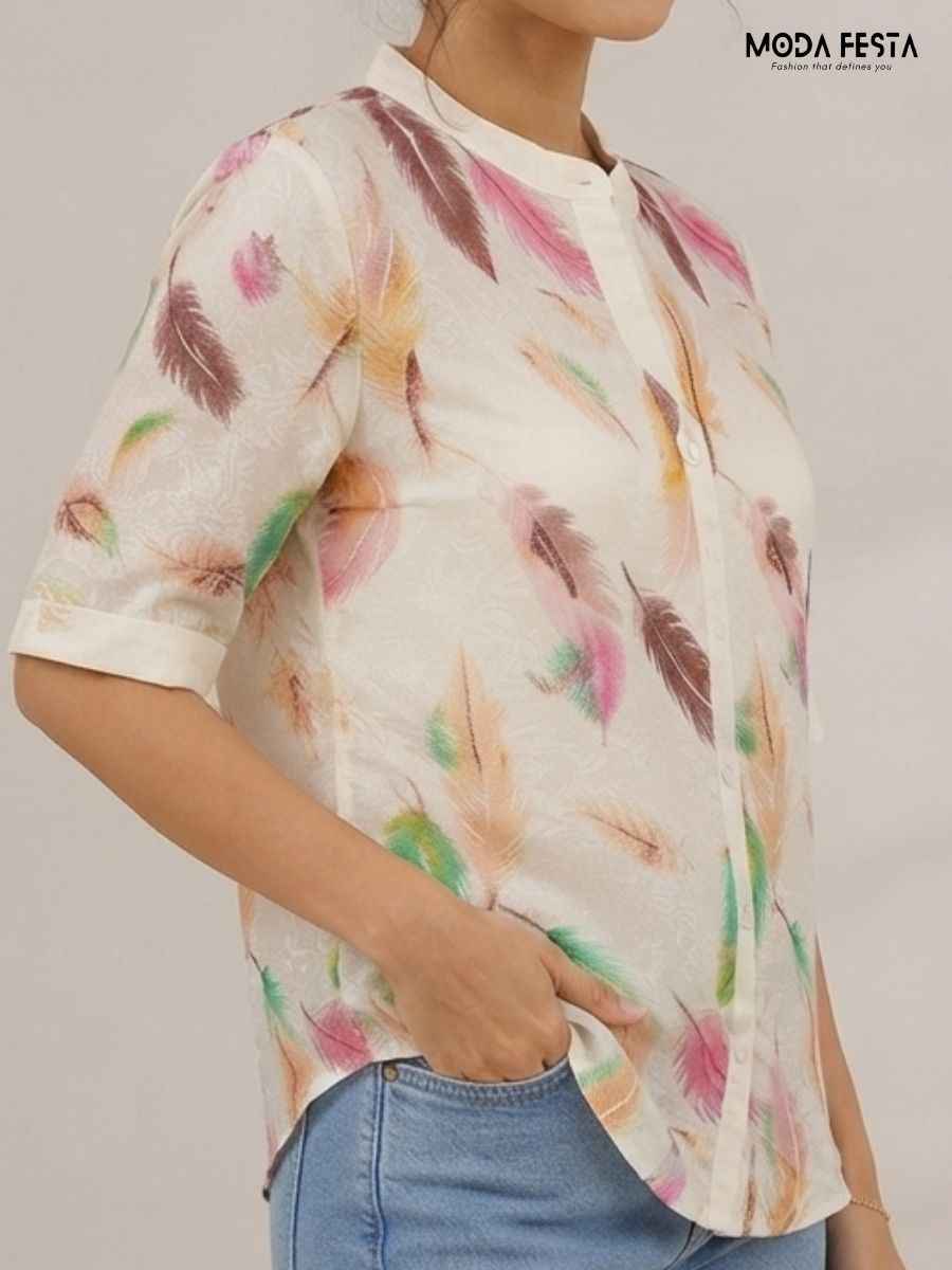 ModaFesta -ivory-multi-feather-print-short-sleeve-top
