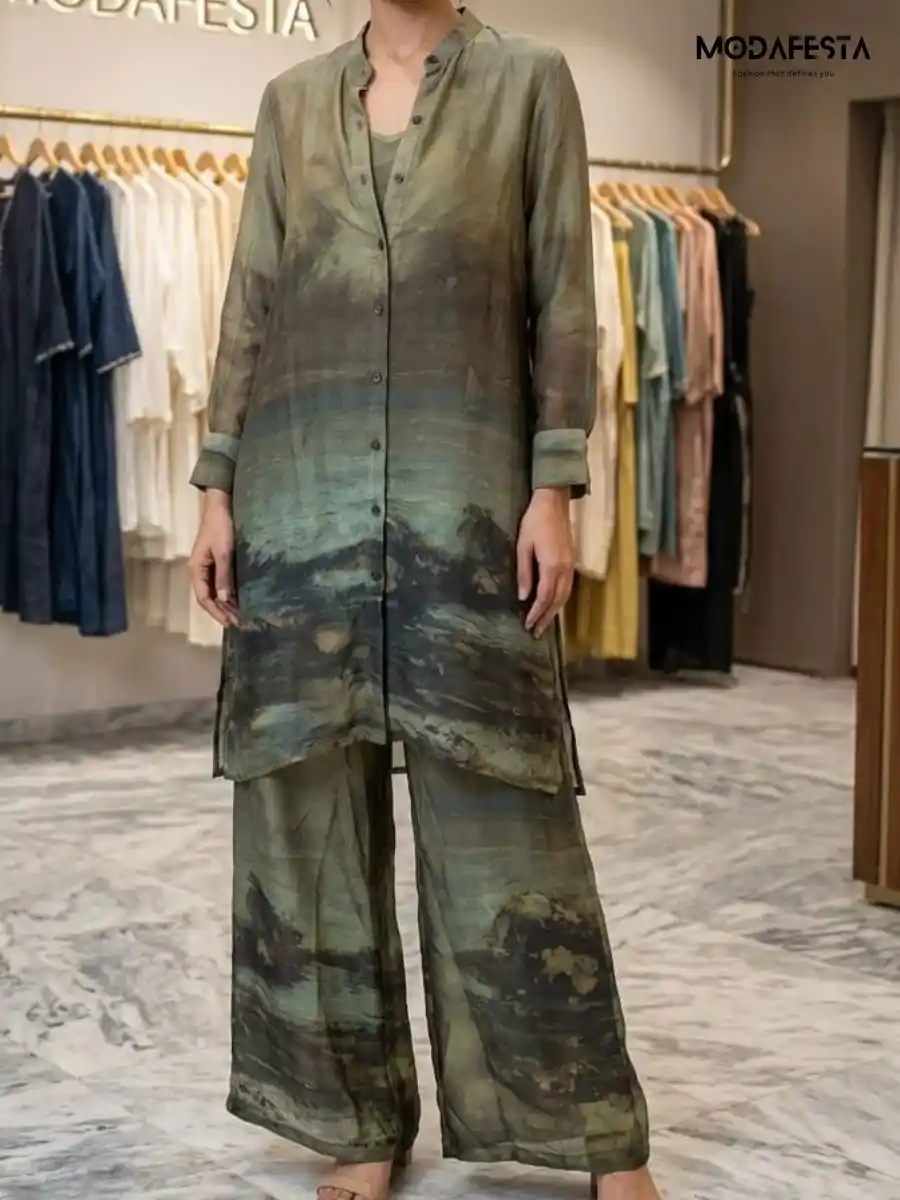 Elegant Abstract Print Chiffon Coord Set 1