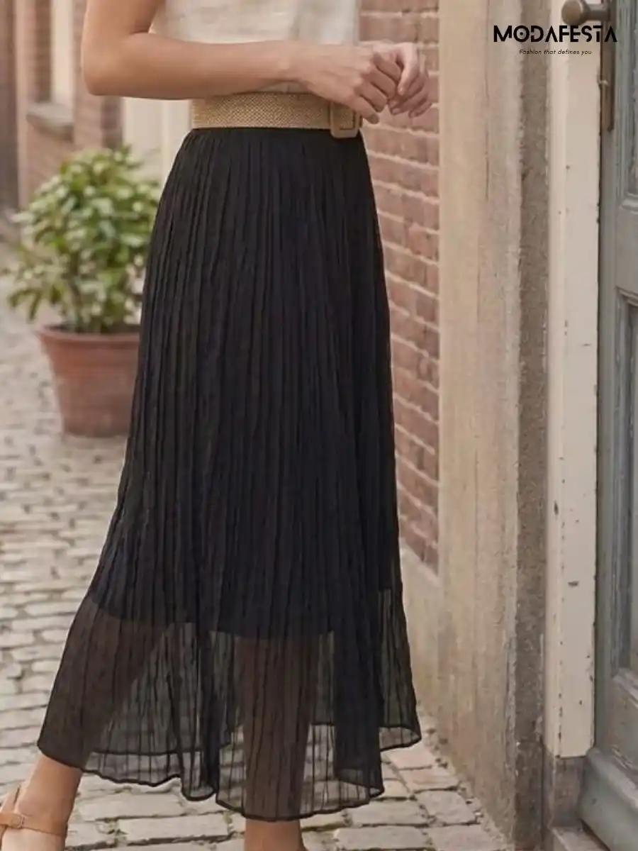 ModaFesta -elegant-cotton-long-skirt-with-belt-black