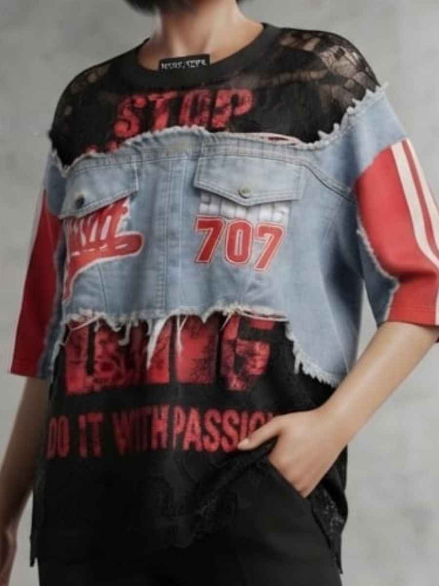 ModaFesta -red-black-patchwork-denim-lace-statement-top