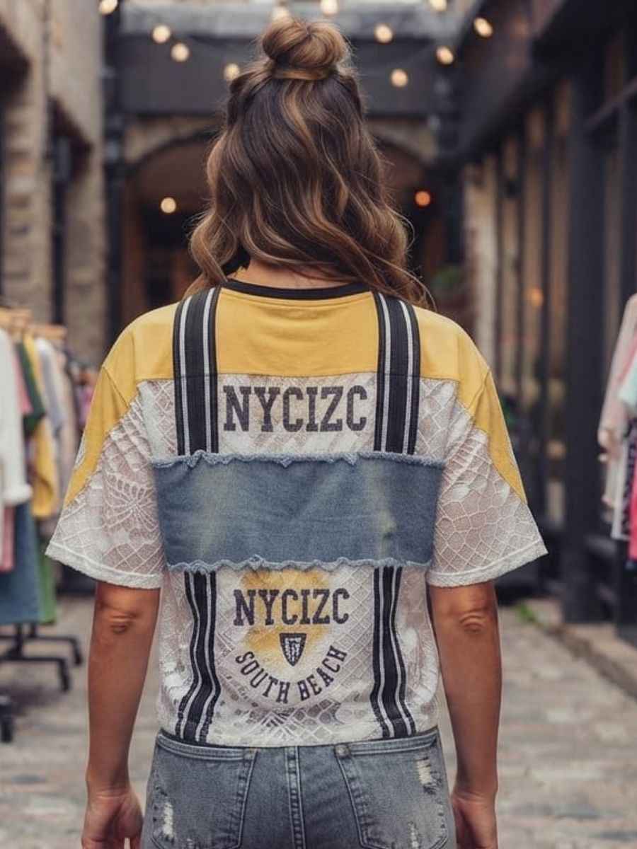 ModaFesta -yellow-patchwork-graphic-lace-denim-t-shirt