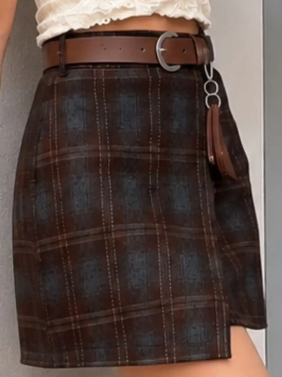 ModaFesta -brown-plaid-wrap-mini-skirt-with-belt