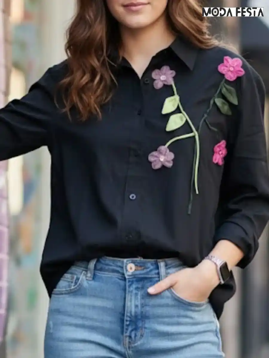 ModaFesta -elegant-cute-flower-long-shirt-black