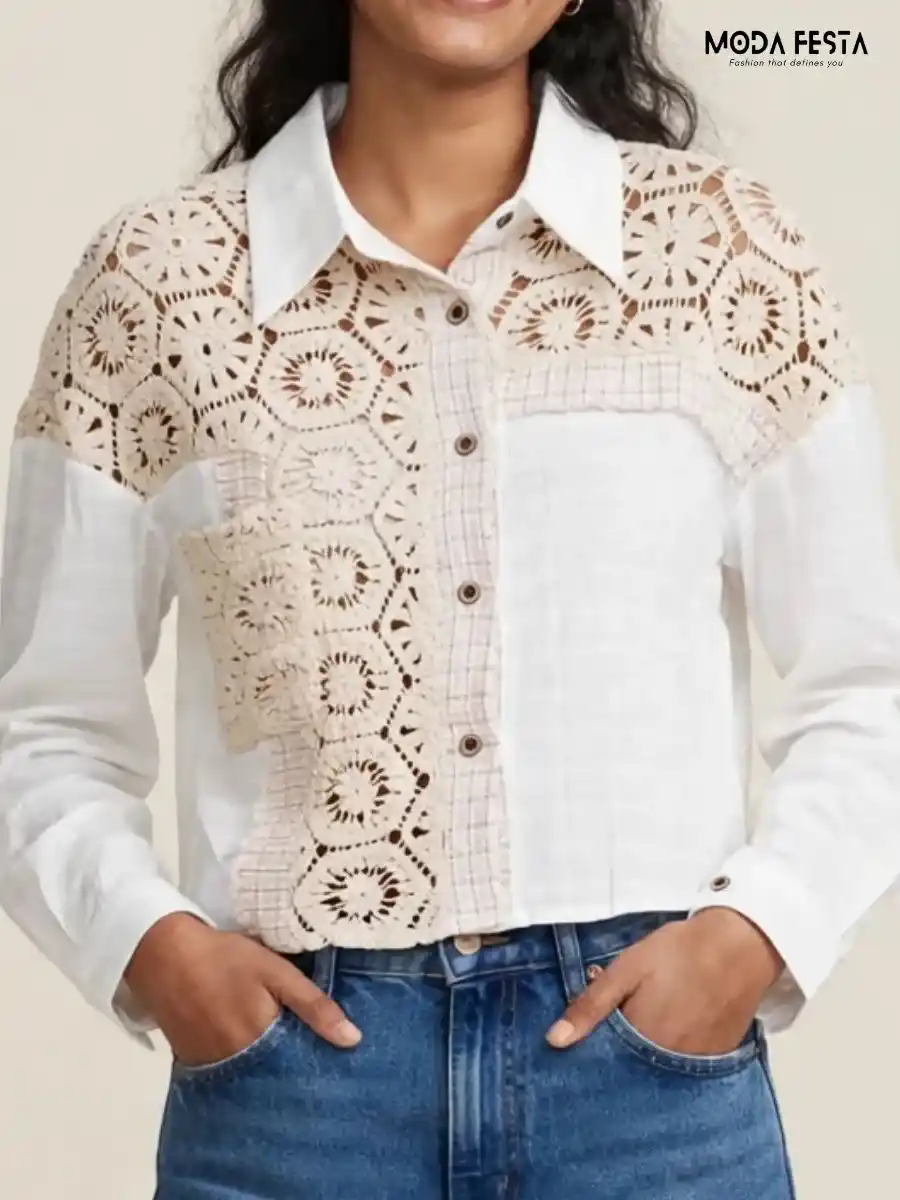 ModaFesta -crochet-patchwork-button-down-shirt