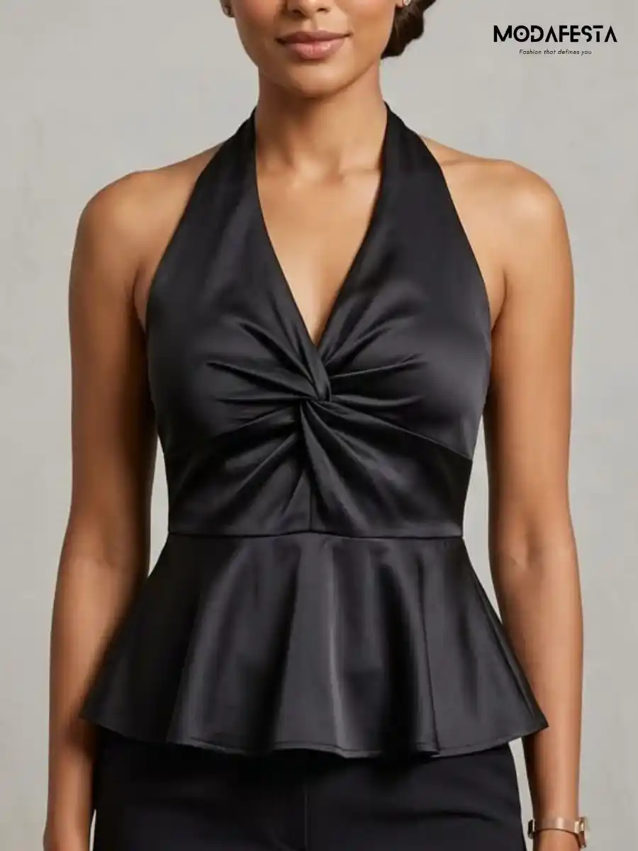 ModaFesta -elegant-twisted-satin-halter-neck-top-black