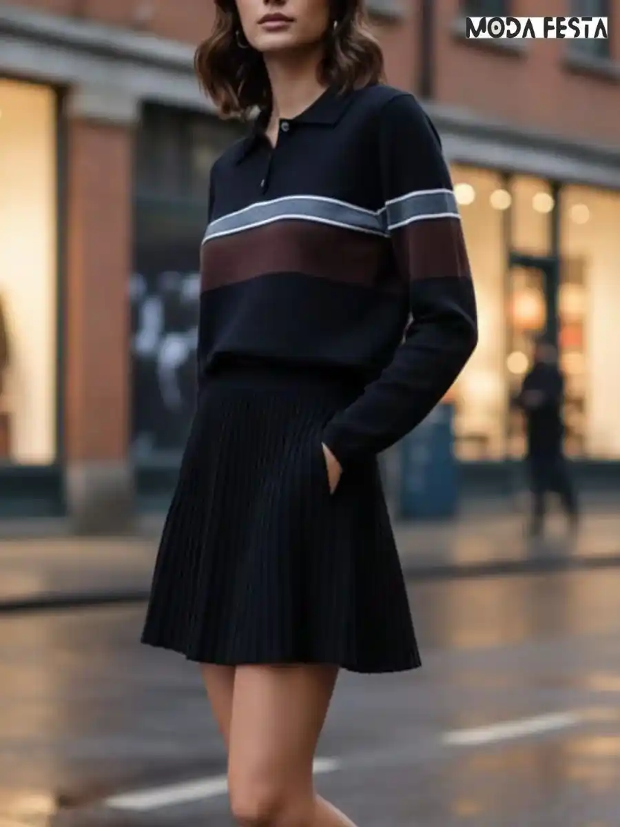 ModaFesta -stirped-polo-neck-skirt-coord-set-black