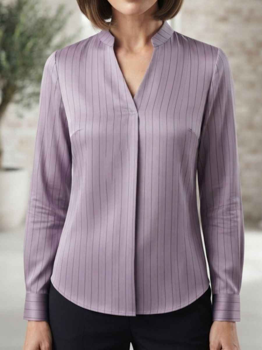 Elegant Lilac Pinstripe Mandarin-Collar Full-Sleeve Top