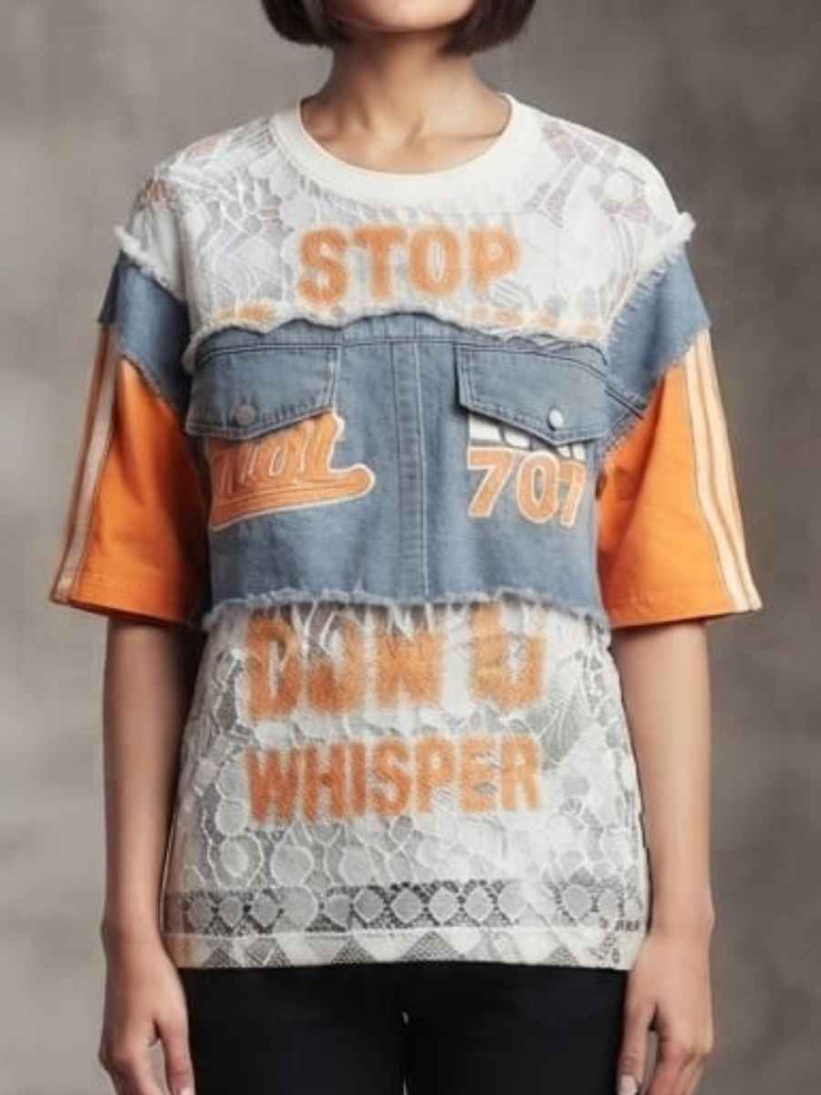 ModaFesta -yellow-white-patchwork-denim-lace-statement-top