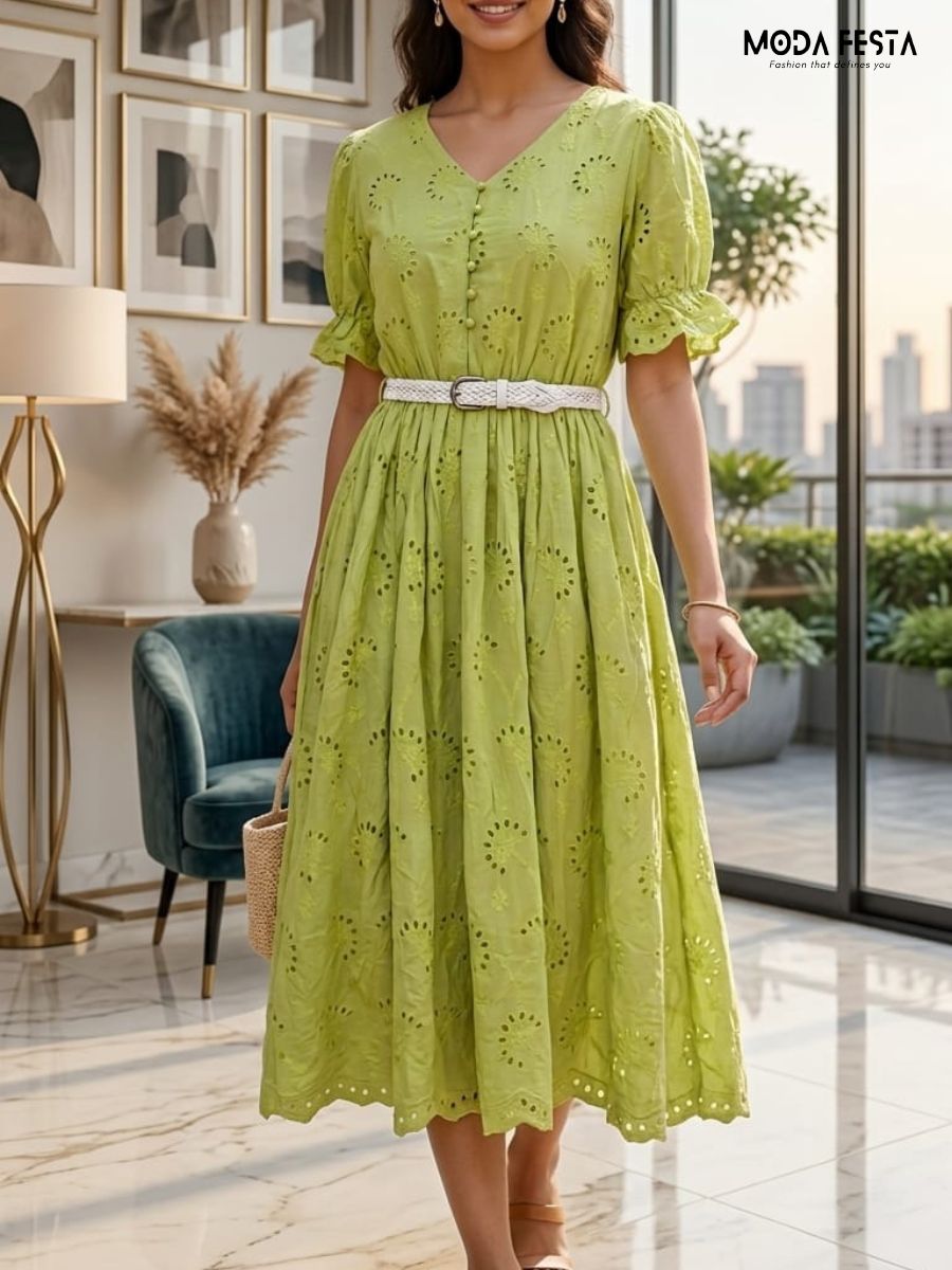 Broderie Anglaise Eyelet Midi Dress with belt