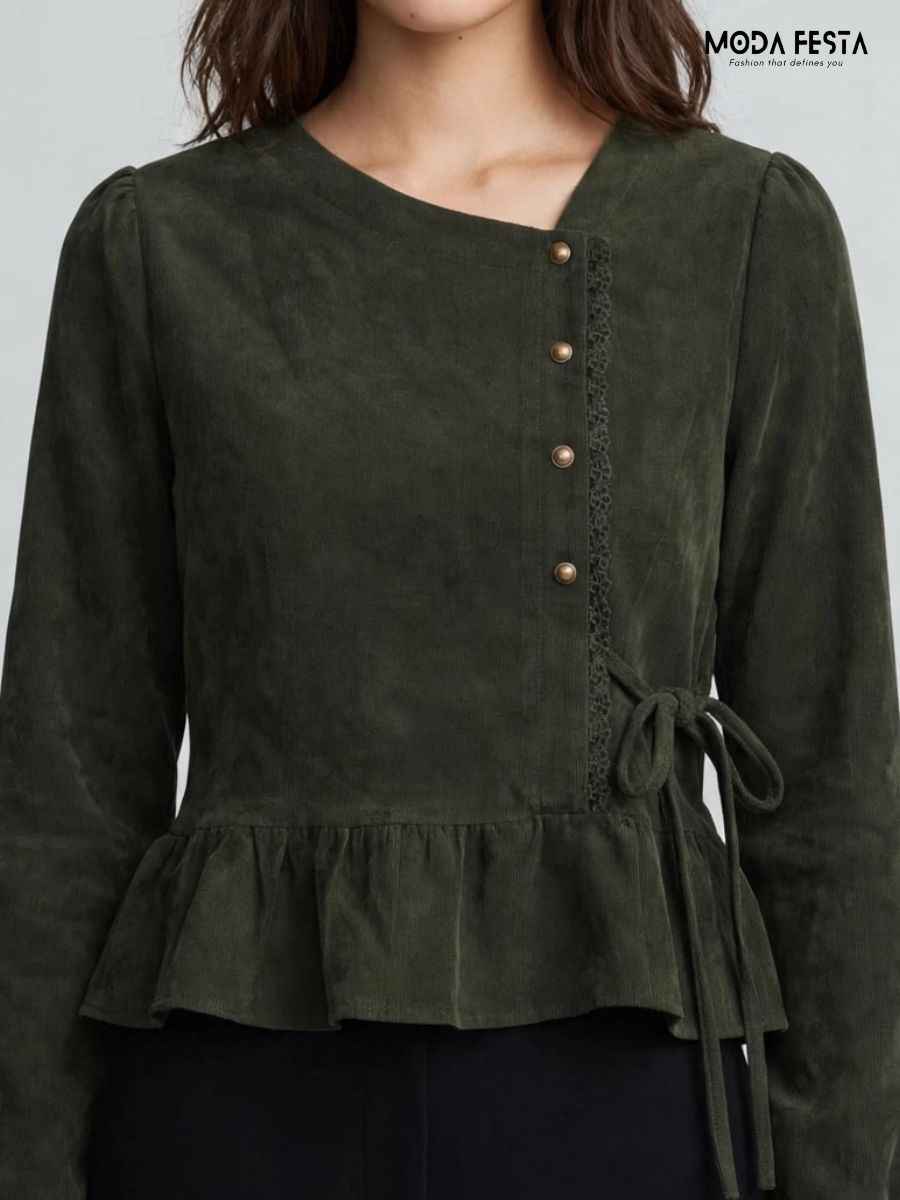 Corduroy Asymmetrical Button Side-Tie Peplum Top