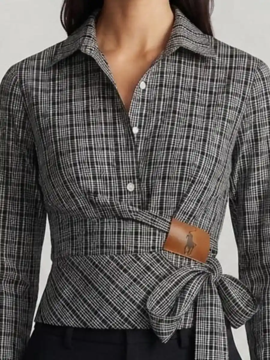 Black and White Plaid Wrap-Style Long-Sleeve Top with Side Bow Detail