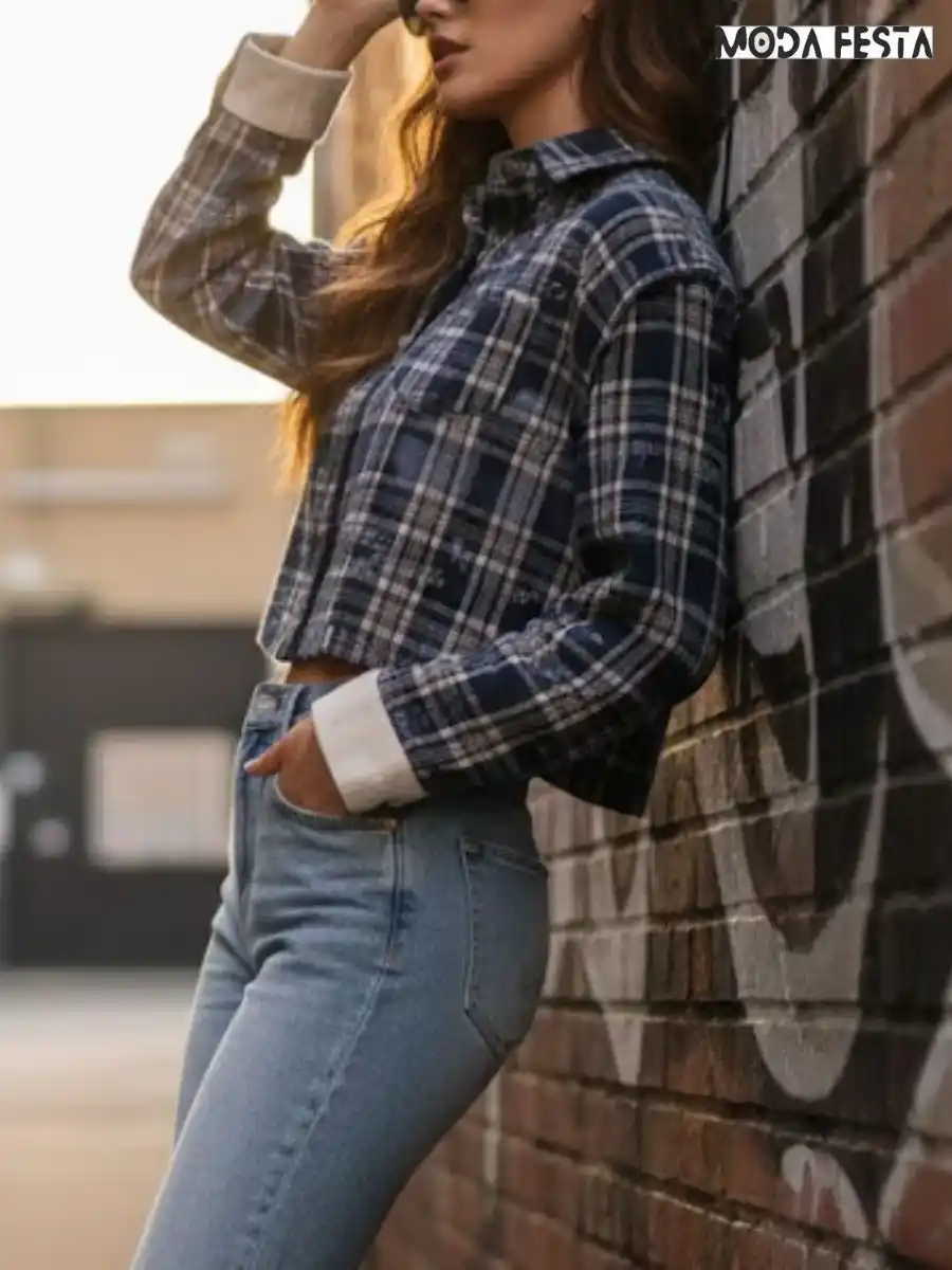 ModaFesta -elegant-drawstring-crop-check-shirt-fnavy--blue