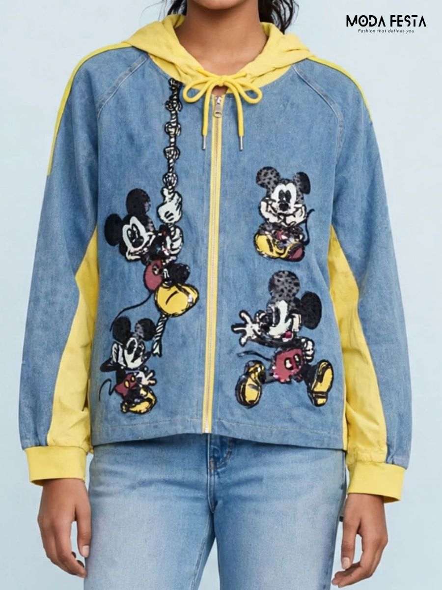 Cartoon Patchwork Hooded Denim Jacket