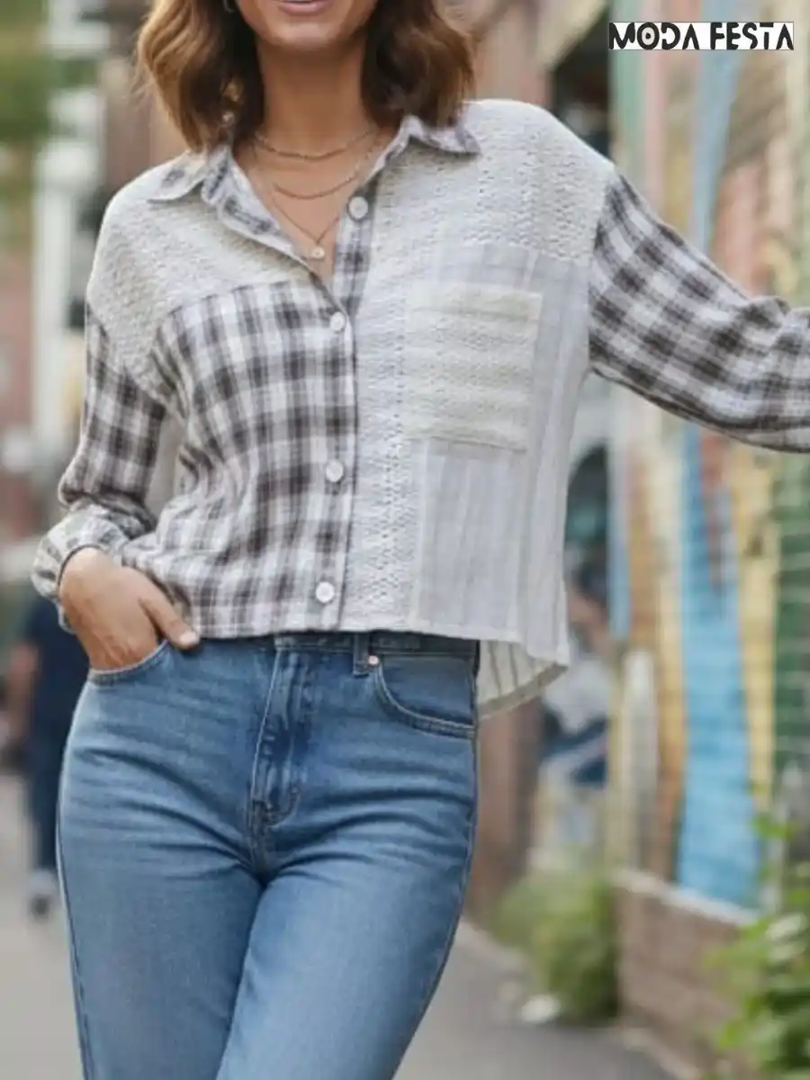 ModaFesta -elegant-checkered-patchwork-shirt-brown