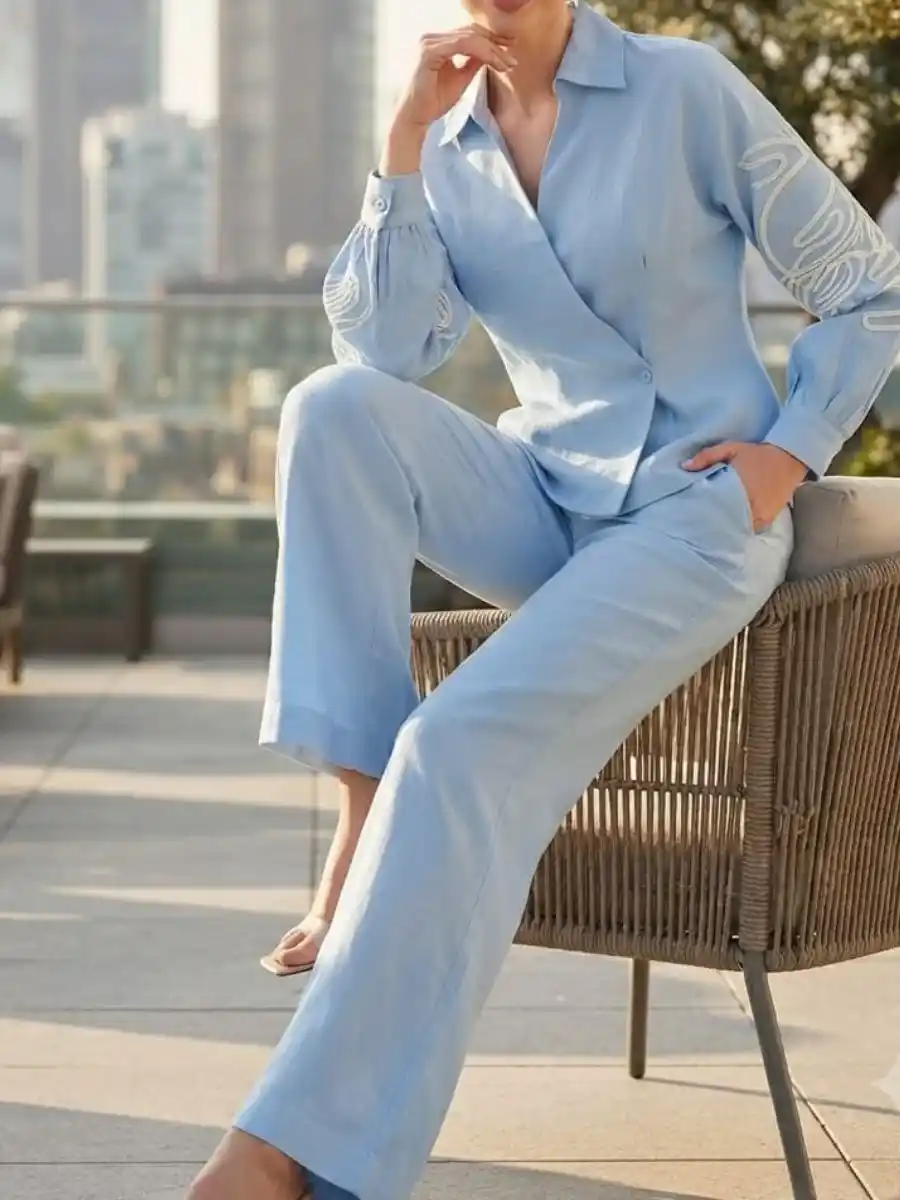 ModaFesta -light-blue-embroidered-sleeve-wrap-top-straight-pants-coord-set