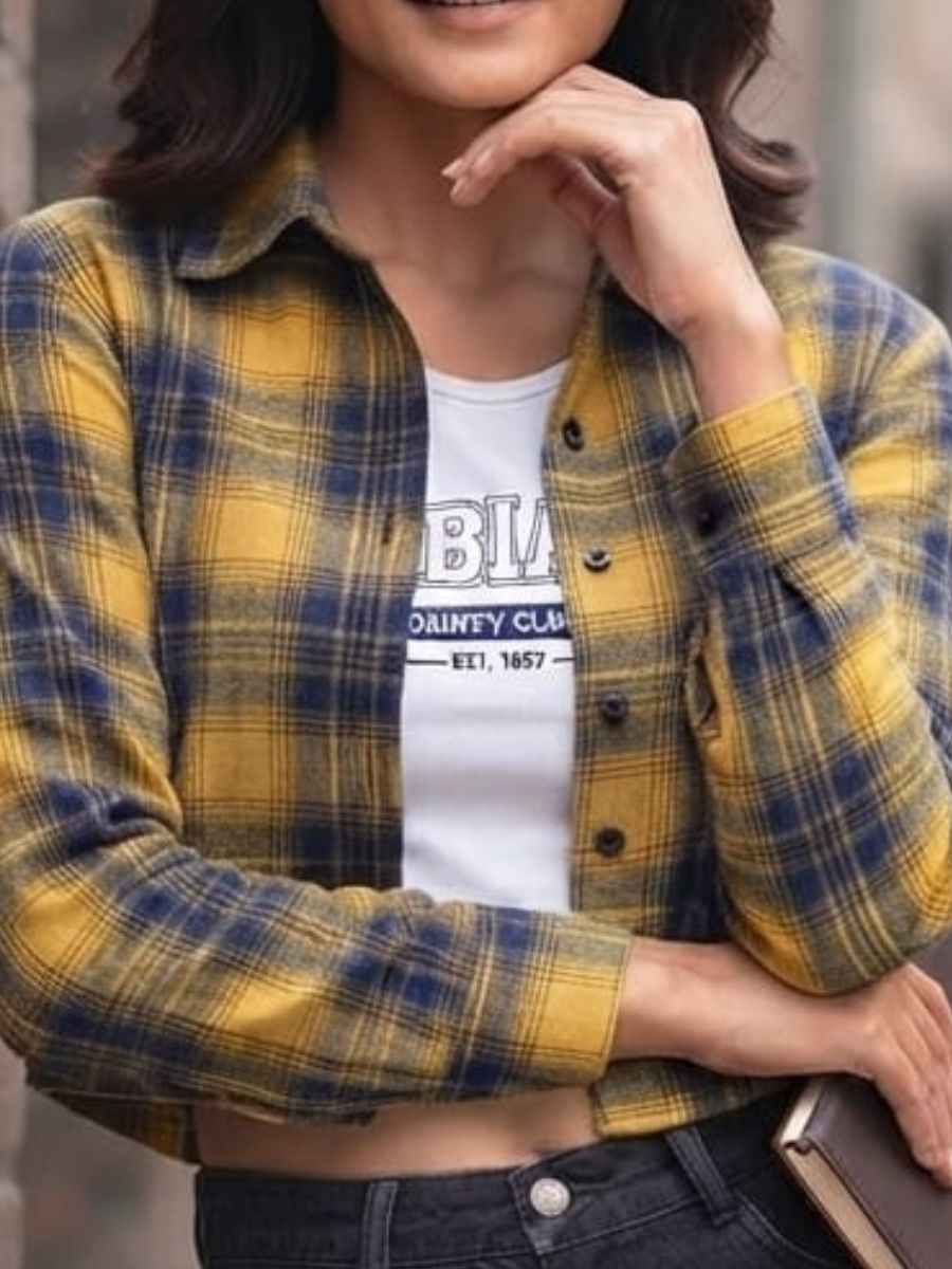 ModaFesta -equity-club-graphic-white-crop-top-yellow-plaid-jacket-set