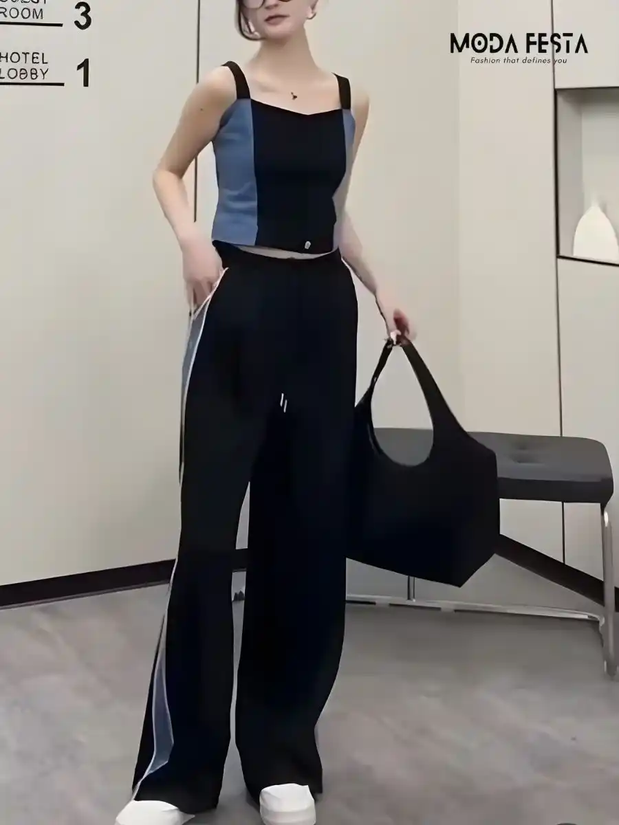 ModaFesta -elegant-top-with-pant-coored-set-black