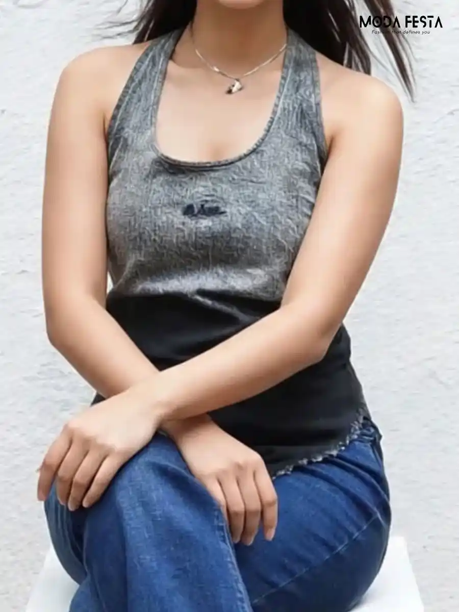 ModaFesta -halter-neck-denim-top-grey