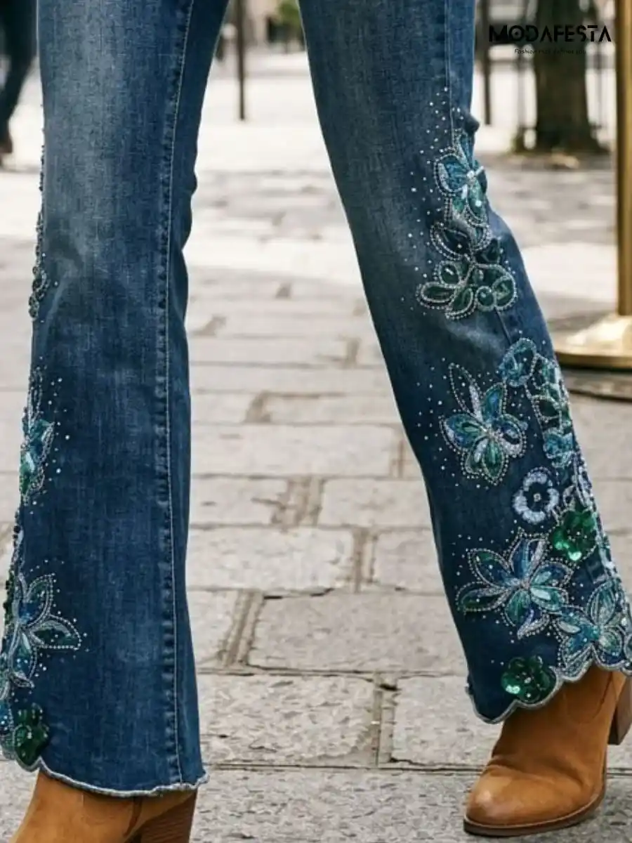 ModaFesta -trendy-sequenced-floral-cutwork-boot-cut-jeans-blue