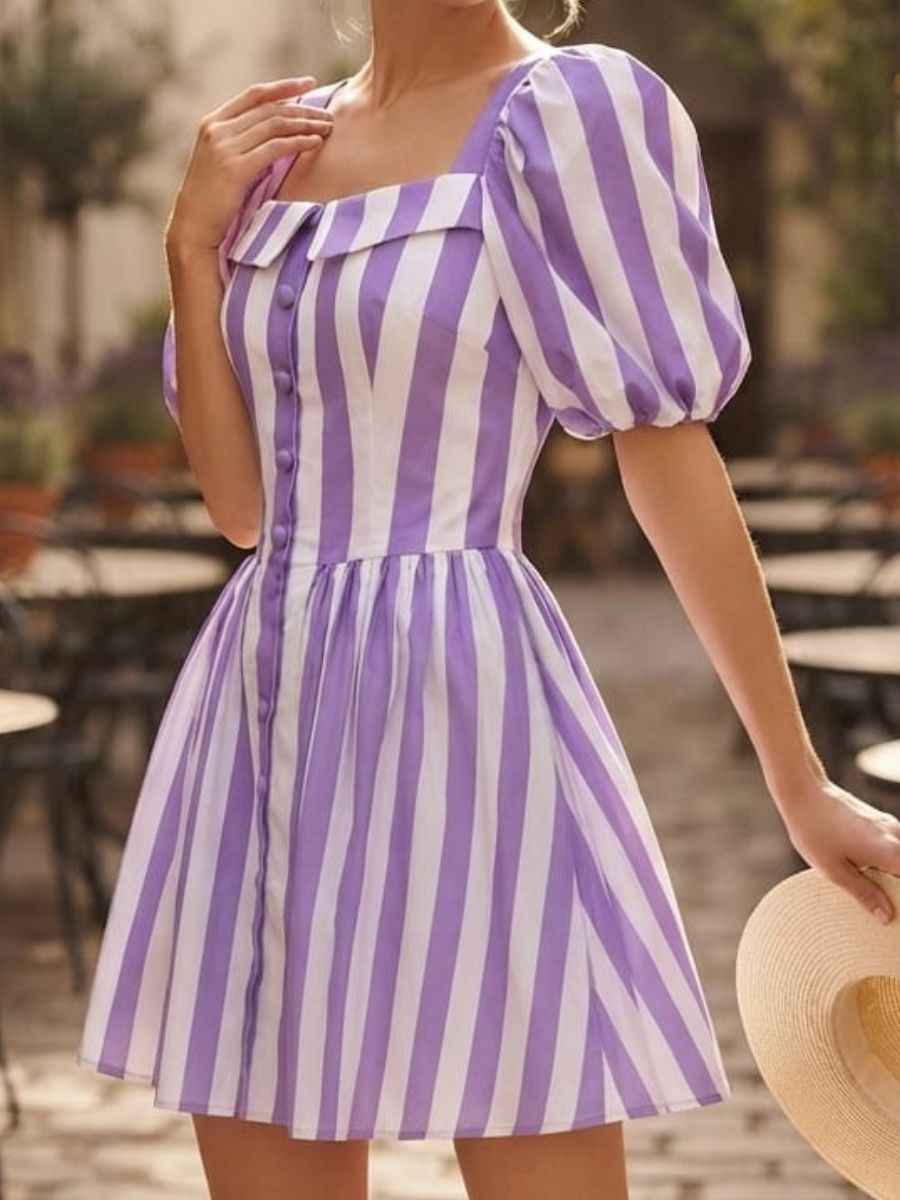 ModaFesta -purple-white-striped-puff-sleeve-short-dress