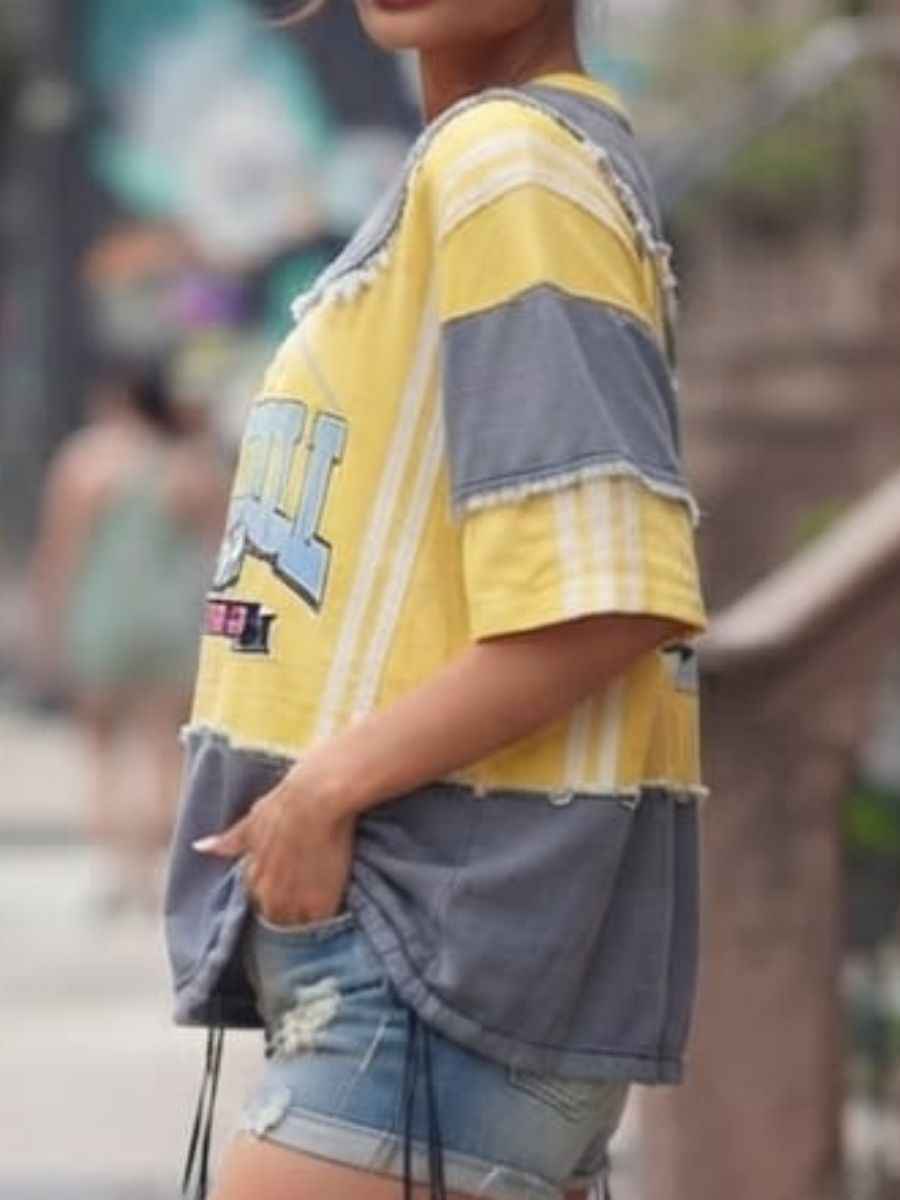 ModaFesta -yellow-grey-football-state-patchwork-oversized-t-shirt