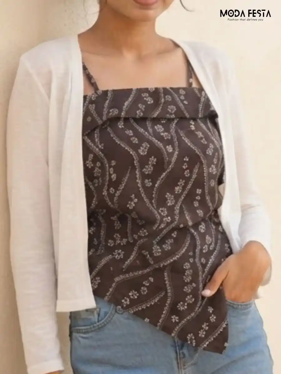 ModaFesta -brown-floral-print-asymmetric-hem-cami-top-white-shrug