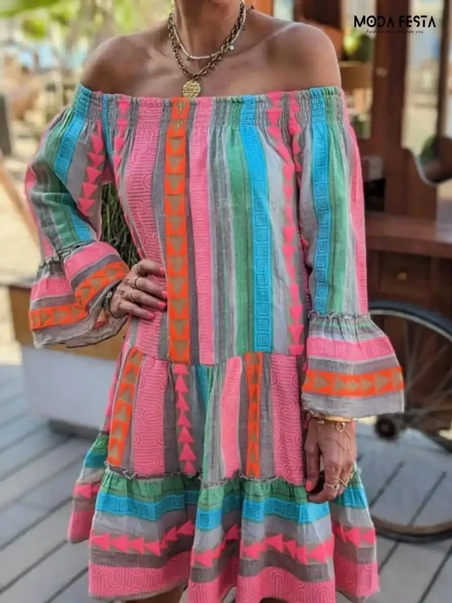 ModaFesta -flared-summer-dress-green-blue-geometric-printed