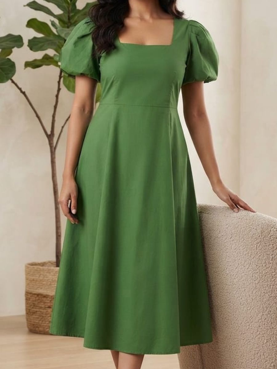 Womens Western Wear  Midi Dress  Casual  Elegant Square Neck  Short Puff  A-Line Fit  Flare Length Midi Defined Waist
