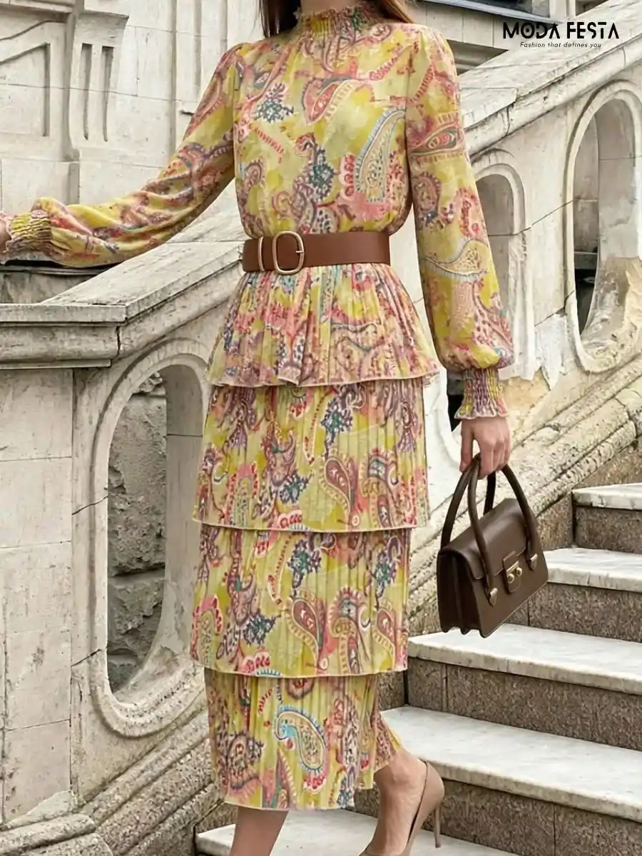 ModaFesta -elegant-layer-floral-long-dress-yellow