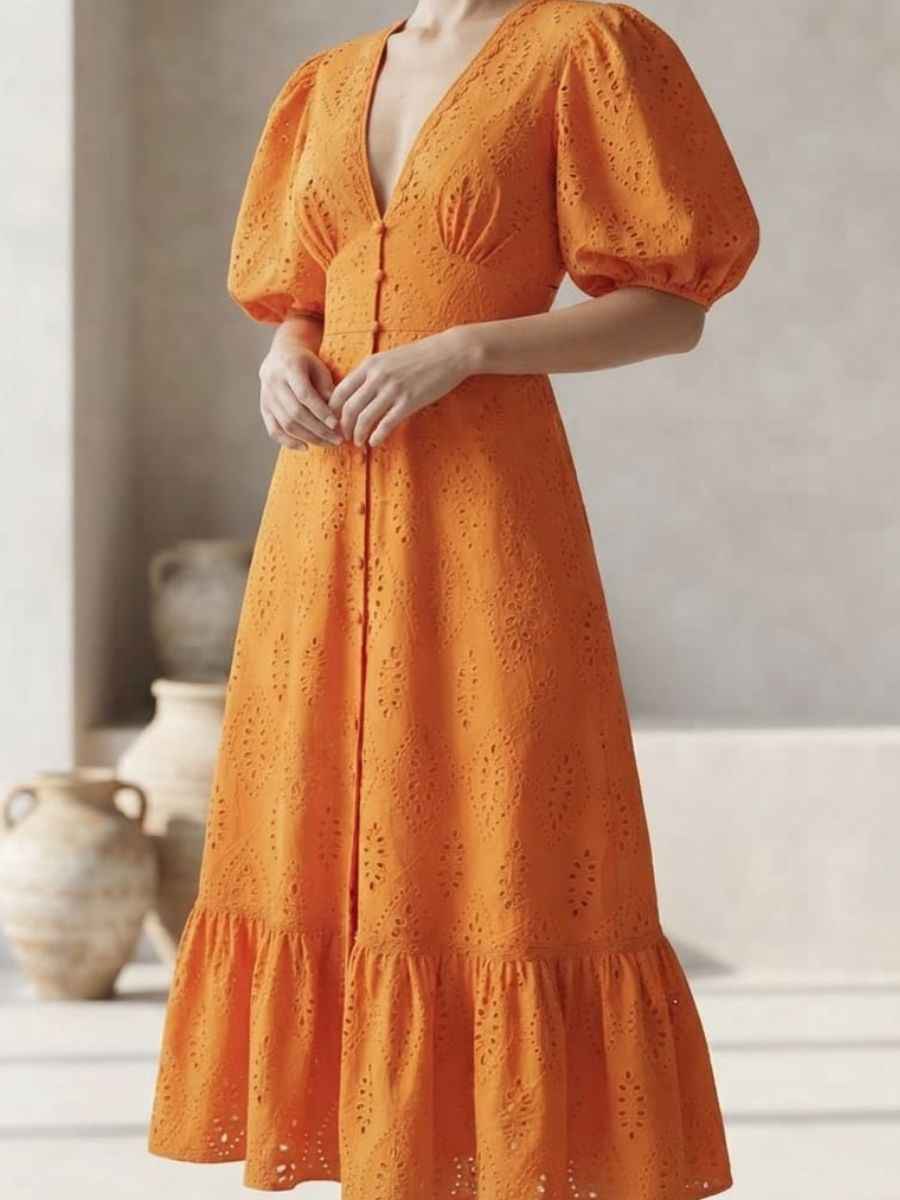 ModaFesta -orange-eyelet-broderie-v-neck-midi-dress