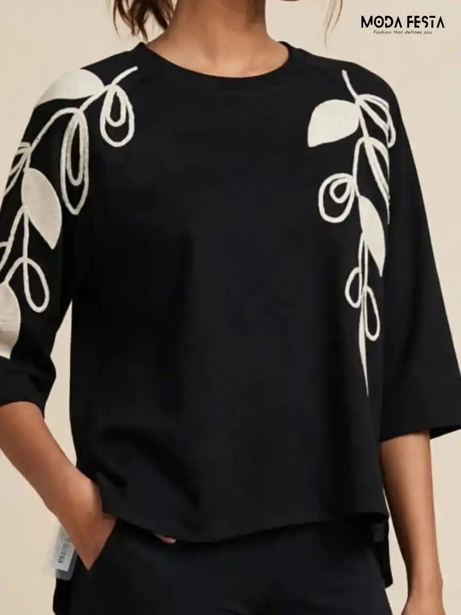 Black Embroidered Leaf Detail Casual Top