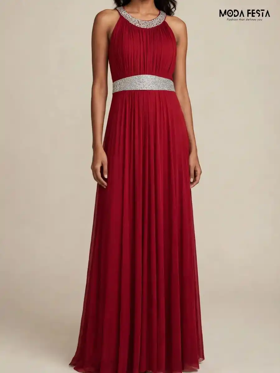 Red Embellished Halter Neck Maxi Dress