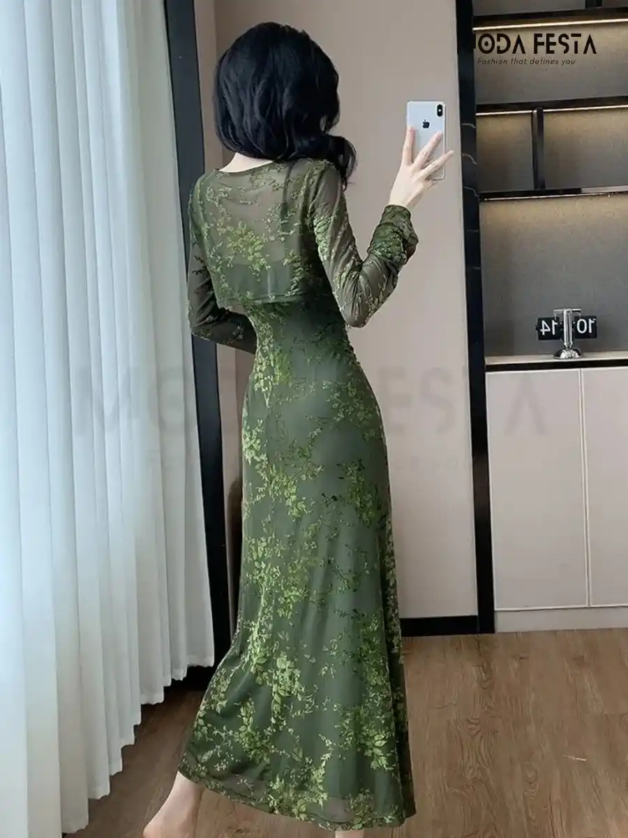 ModaFesta -cowl-neck-dress-with-shurg-green
