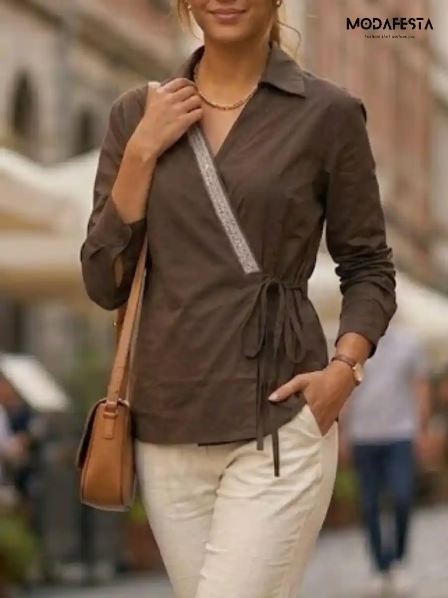 Elegant V Neck Embellished Wrap Top