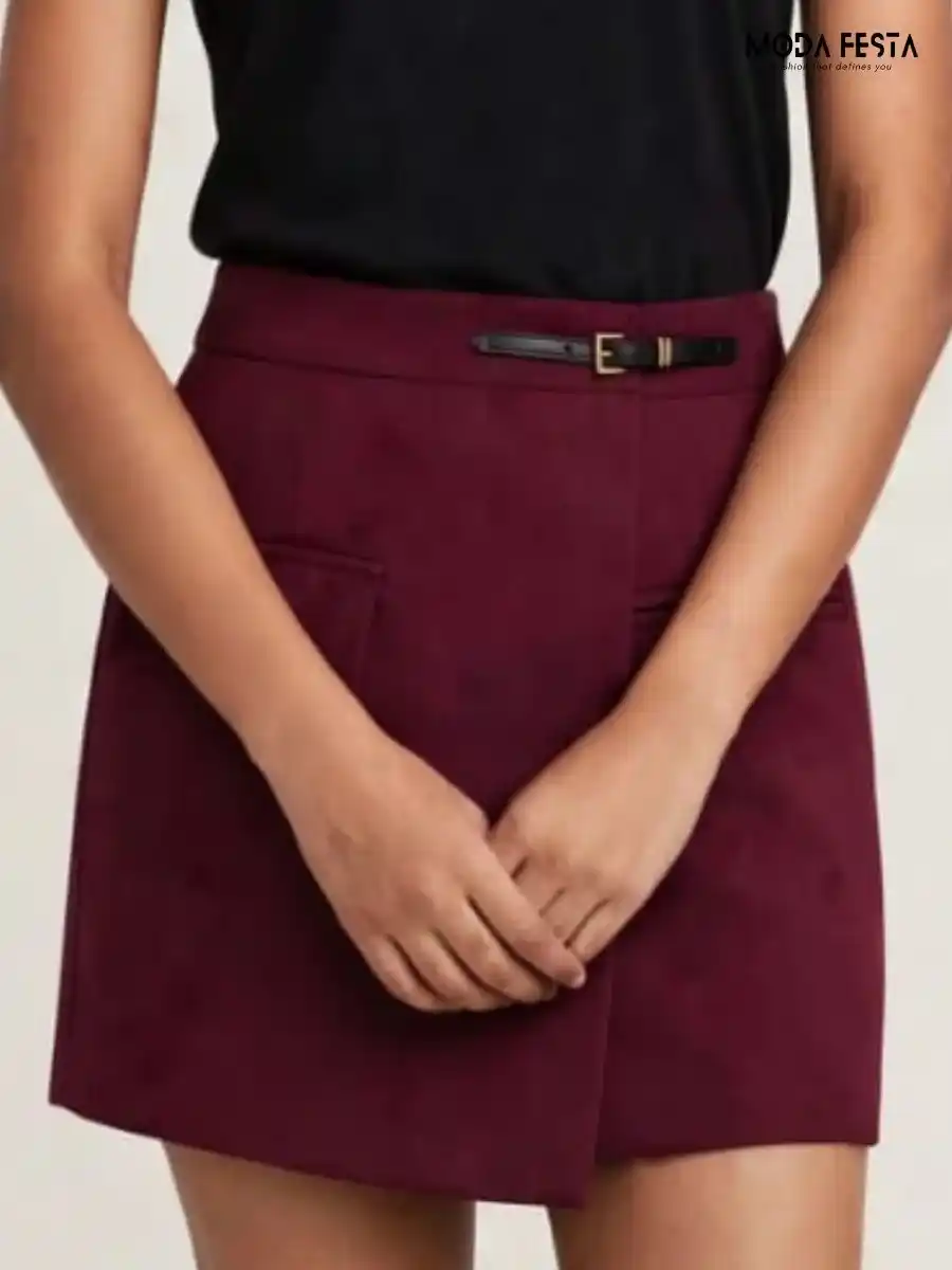 ModaFesta -maroon-faux-suede-belted-skort-with-pocket-detail
