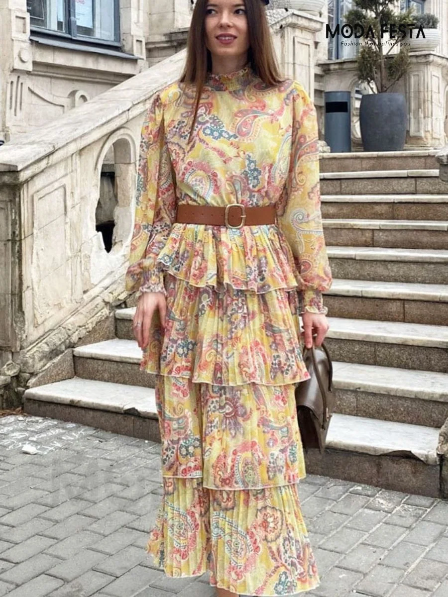 ModaFesta -elegant-layer-floral-long-dress-yellow